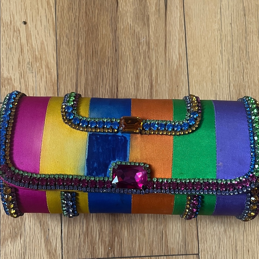 Multicolor Jeweled Satin Clutch with Gemstone Trim